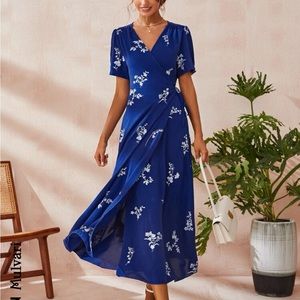 Royal blue floral wrap dress
